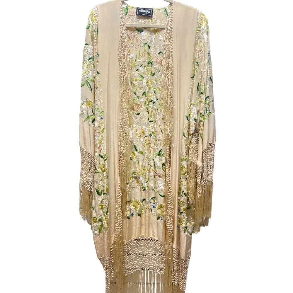 Maya Matazaro Boutique Pale Yellow Silk Floral Opera Coat Kimono